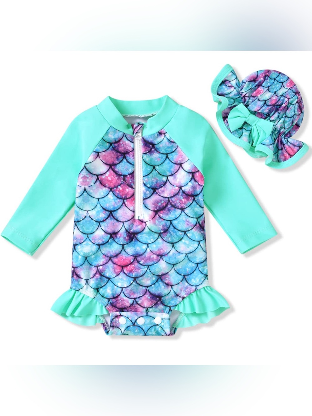 Mint & Mermaid Print Long-Sleeve 6mo. Swim One-Piece + hat
